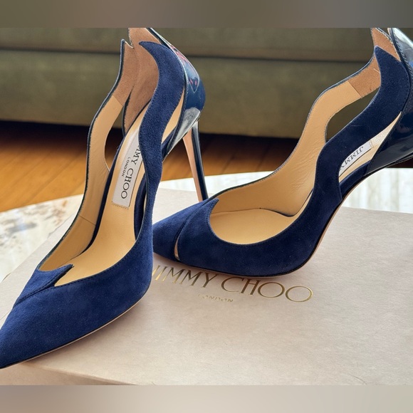 Jimmy Choo Shoes - Jimmy Choo Saga Steel Blue Suede Scalloped Pointed-Toe Stiletto Heels